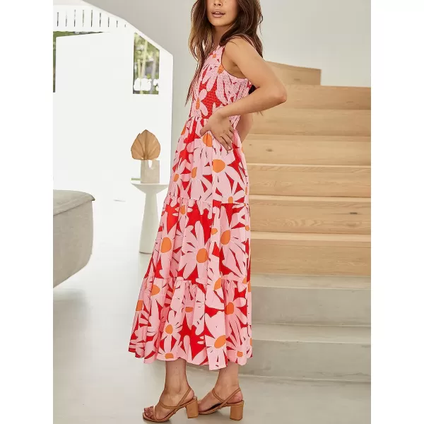 imageANRABESS Womens 2023 Summer Bohemian One Shoulder Sleeveless Smocked Ruffle Tiered Beach Maxi Sun DressFloral Red