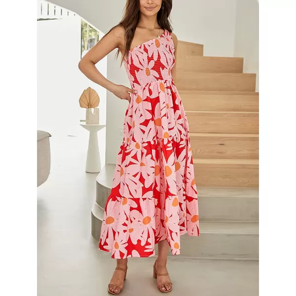 imageANRABESS Womens 2023 Summer Bohemian One Shoulder Sleeveless Smocked Ruffle Tiered Beach Maxi Sun DressFloral Red