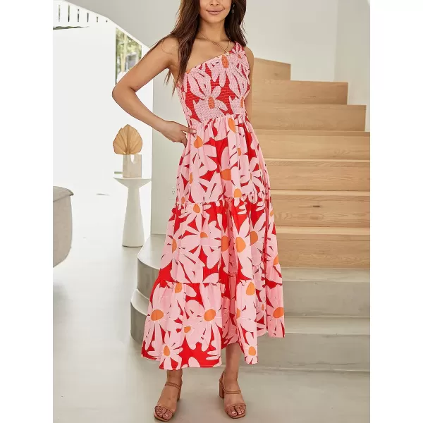 imageANRABESS Womens 2023 Summer Bohemian One Shoulder Sleeveless Smocked Ruffle Tiered Beach Maxi Sun DressFloral Red