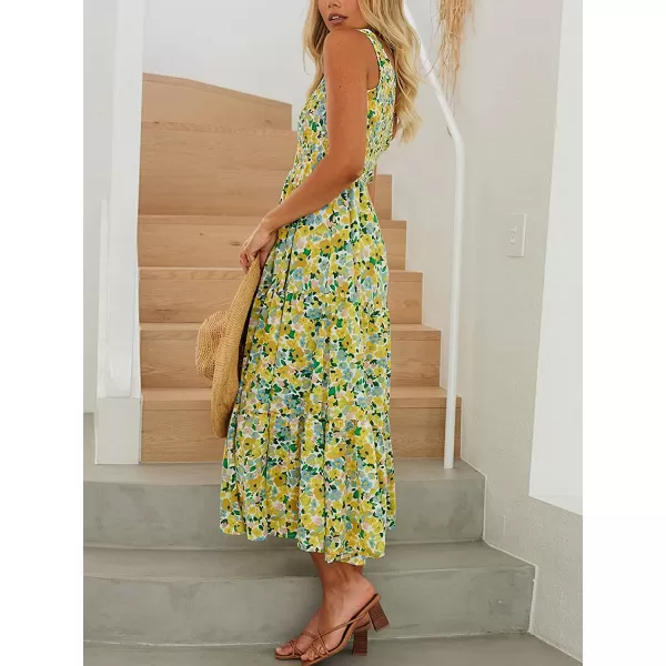 imageANRABESS Womens 2023 Summer Bohemian One Shoulder Sleeveless Smocked Ruffle Tiered Beach Maxi Sun DressFloral Yellow