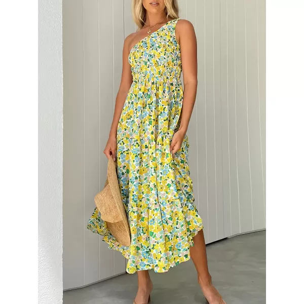 imageANRABESS Womens 2023 Summer Bohemian One Shoulder Sleeveless Smocked Ruffle Tiered Beach Maxi Sun DressFloral Yellow