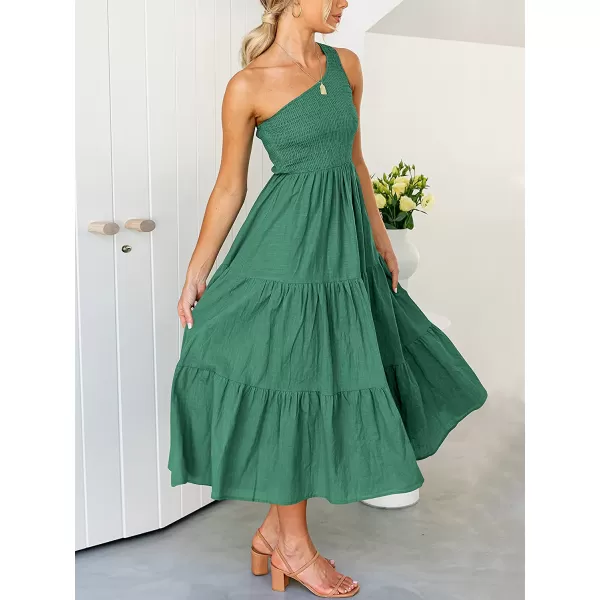 imageANRABESS Womens 2023 Summer Bohemian One Shoulder Sleeveless Smocked Ruffle Tiered Beach Maxi Sun DressForest