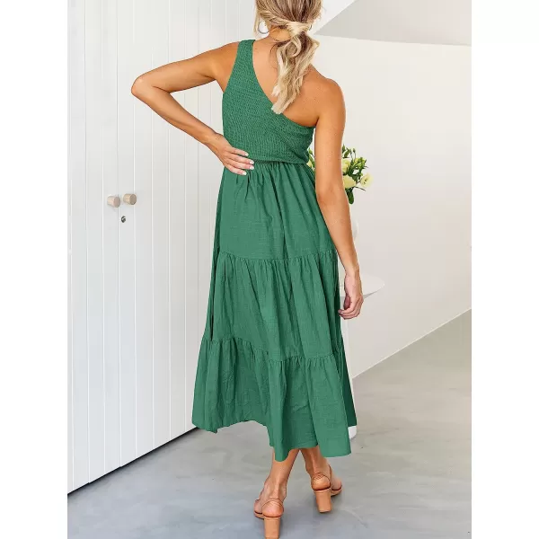 imageANRABESS Womens 2023 Summer Bohemian One Shoulder Sleeveless Smocked Ruffle Tiered Beach Maxi Sun DressForest