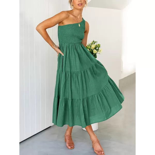 imageANRABESS Womens 2023 Summer Bohemian One Shoulder Sleeveless Smocked Ruffle Tiered Beach Maxi Sun DressForest