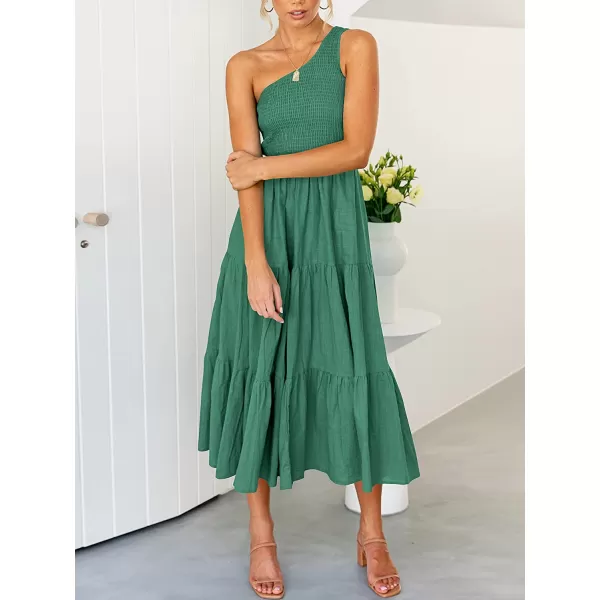 imageANRABESS Womens 2023 Summer Bohemian One Shoulder Sleeveless Smocked Ruffle Tiered Beach Maxi Sun DressForest