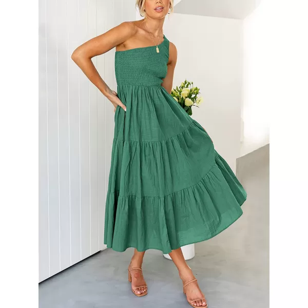 imageANRABESS Womens 2023 Summer Bohemian One Shoulder Sleeveless Smocked Ruffle Tiered Beach Maxi Sun DressForest
