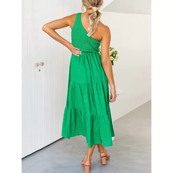 imageANRABESS Womens 2023 Summer Bohemian One Shoulder Sleeveless Smocked Ruffle Tiered Beach Maxi Sun DressGreen