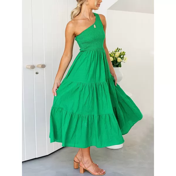 imageANRABESS Womens 2023 Summer Bohemian One Shoulder Sleeveless Smocked Ruffle Tiered Beach Maxi Sun DressGreen