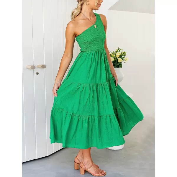 imageANRABESS Womens 2023 Summer Bohemian One Shoulder Sleeveless Smocked Ruffle Tiered Beach Maxi Sun DressGreen