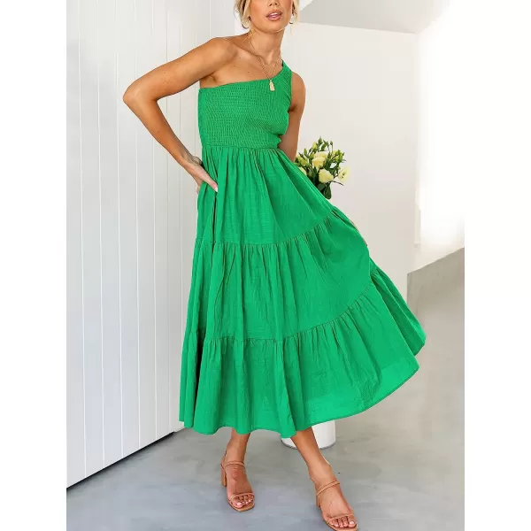 imageANRABESS Womens 2023 Summer Bohemian One Shoulder Sleeveless Smocked Ruffle Tiered Beach Maxi Sun DressGreen