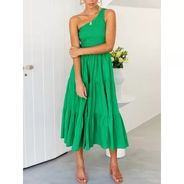 imageANRABESS Womens 2023 Summer Bohemian One Shoulder Sleeveless Smocked Ruffle Tiered Beach Maxi Sun DressGreen