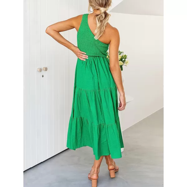 imageANRABESS Womens 2023 Summer Bohemian One Shoulder Sleeveless Smocked Ruffle Tiered Beach Maxi Sun DressGreen