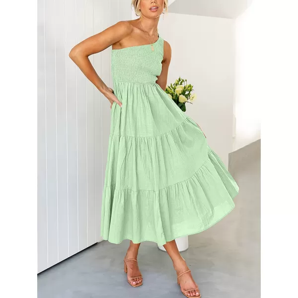 imageANRABESS Womens 2023 Summer Bohemian One Shoulder Sleeveless Smocked Ruffle Tiered Beach Maxi Sun DressLight Green