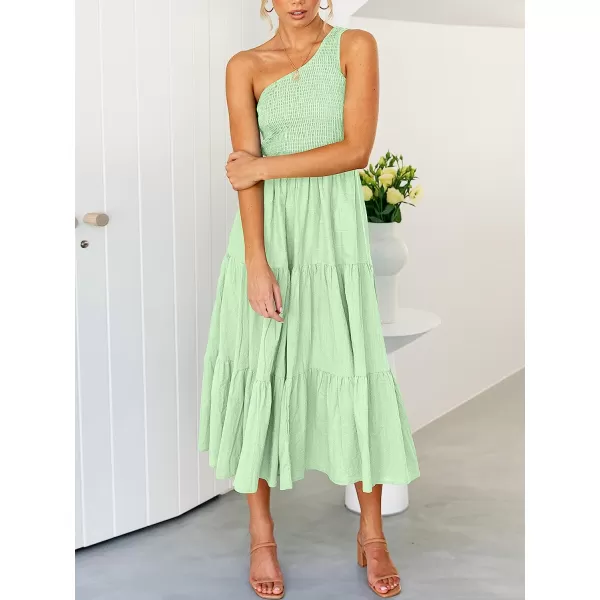 imageANRABESS Womens 2023 Summer Bohemian One Shoulder Sleeveless Smocked Ruffle Tiered Beach Maxi Sun DressLight Green
