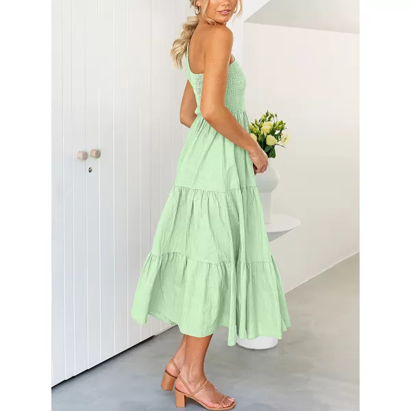 imageANRABESS Womens 2023 Summer Bohemian One Shoulder Sleeveless Smocked Ruffle Tiered Beach Maxi Sun DressLight Green
