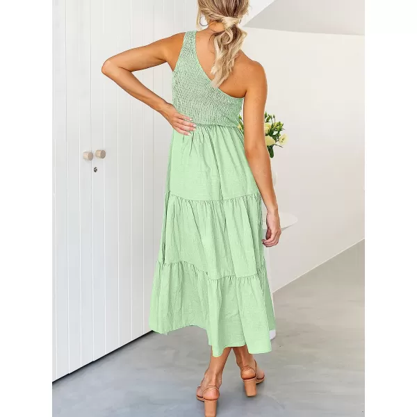 imageANRABESS Womens 2023 Summer Bohemian One Shoulder Sleeveless Smocked Ruffle Tiered Beach Maxi Sun DressLight Green