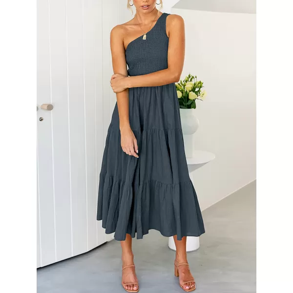 imageANRABESS Womens 2023 Summer Bohemian One Shoulder Sleeveless Smocked Ruffle Tiered Beach Maxi Sun DressNavy Blue