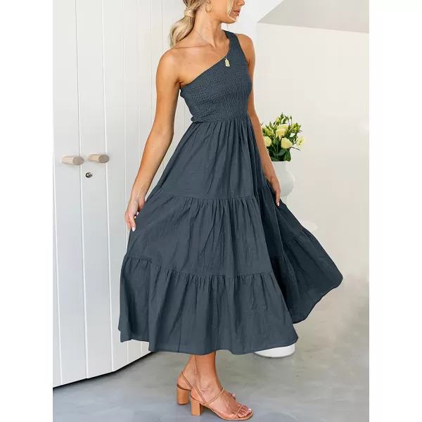 imageANRABESS Womens 2023 Summer Bohemian One Shoulder Sleeveless Smocked Ruffle Tiered Beach Maxi Sun DressNavy Blue