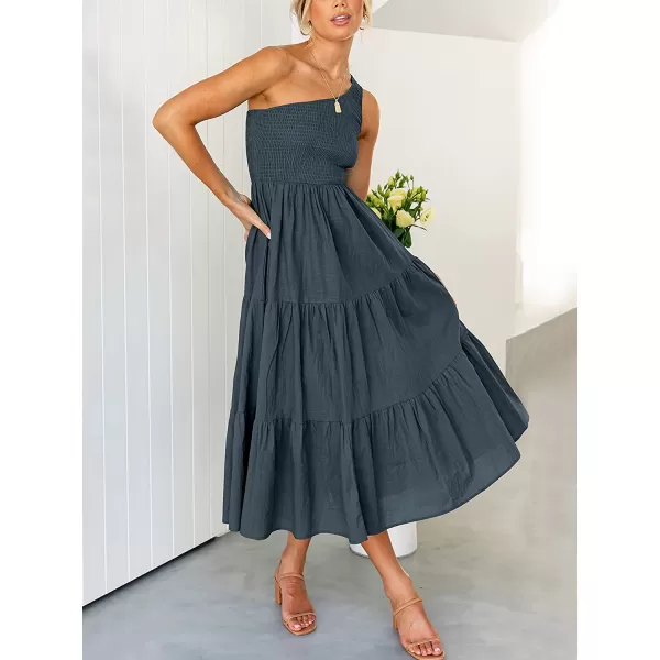 imageANRABESS Womens 2023 Summer Bohemian One Shoulder Sleeveless Smocked Ruffle Tiered Beach Maxi Sun DressNavy Blue