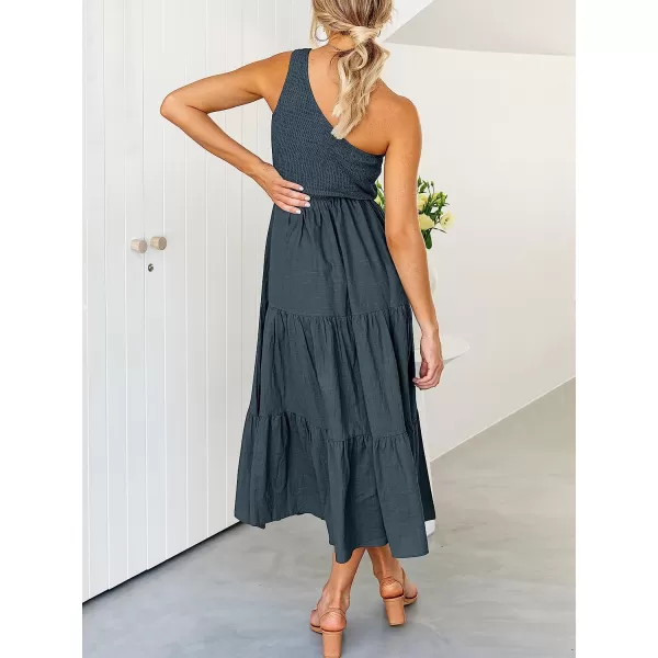 imageANRABESS Womens 2023 Summer Bohemian One Shoulder Sleeveless Smocked Ruffle Tiered Beach Maxi Sun DressNavy Blue