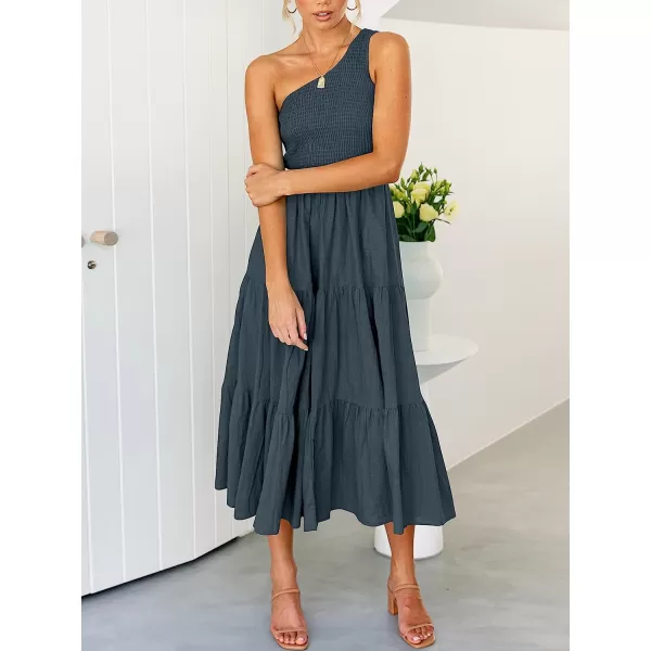 imageANRABESS Womens 2023 Summer Bohemian One Shoulder Sleeveless Smocked Ruffle Tiered Beach Maxi Sun DressNavy Blue