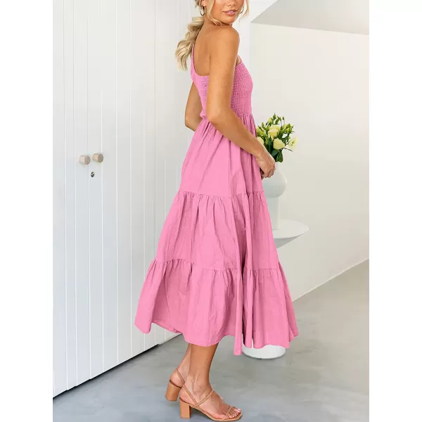 imageANRABESS Womens 2023 Summer Bohemian One Shoulder Sleeveless Smocked Ruffle Tiered Beach Maxi Sun DressPink