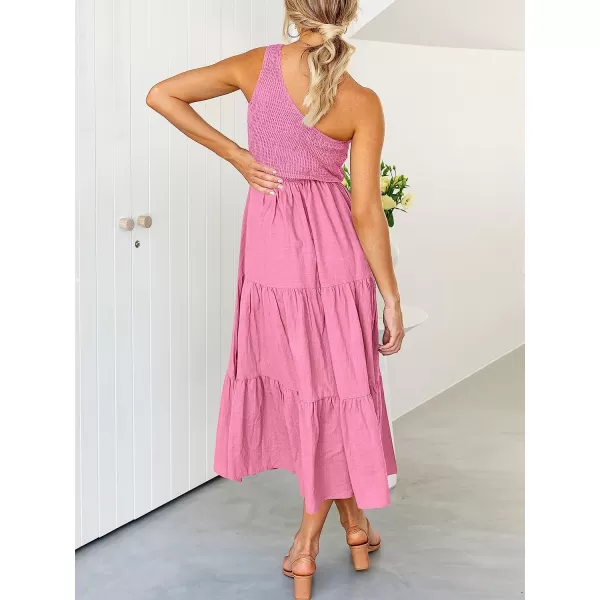 imageANRABESS Womens 2023 Summer Bohemian One Shoulder Sleeveless Smocked Ruffle Tiered Beach Maxi Sun DressPink