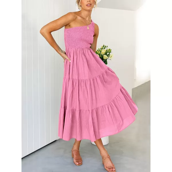 imageANRABESS Womens 2023 Summer Bohemian One Shoulder Sleeveless Smocked Ruffle Tiered Beach Maxi Sun DressPink