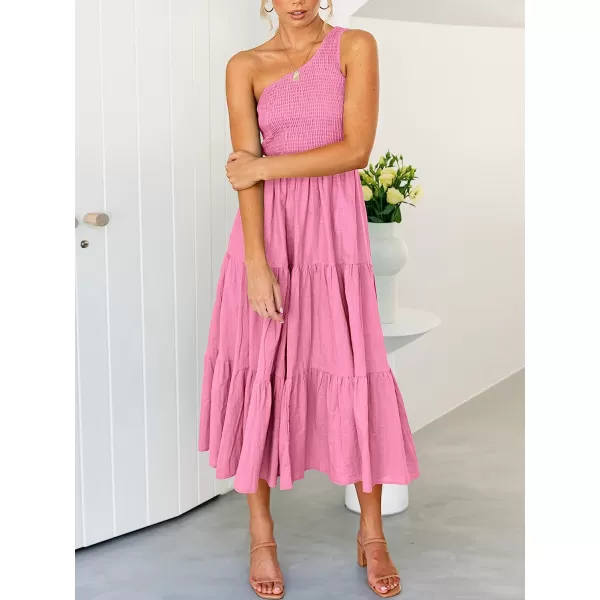 imageANRABESS Womens 2023 Summer Bohemian One Shoulder Sleeveless Smocked Ruffle Tiered Beach Maxi Sun DressPink