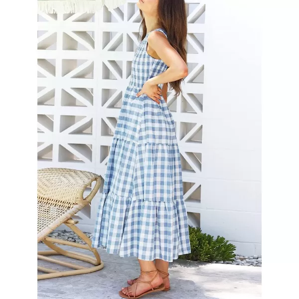 imageANRABESS Womens 2023 Summer Bohemian One Shoulder Sleeveless Smocked Ruffle Tiered Beach Maxi Sun DressPlaid Blue