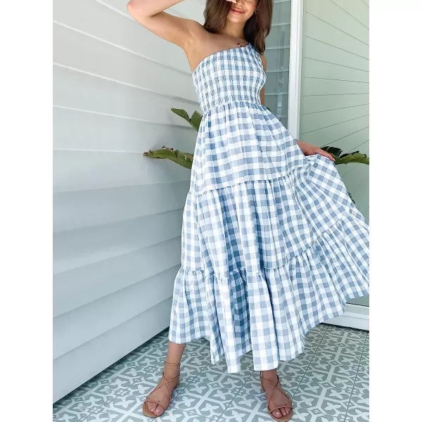 imageANRABESS Womens 2023 Summer Bohemian One Shoulder Sleeveless Smocked Ruffle Tiered Beach Maxi Sun DressPlaid Blue
