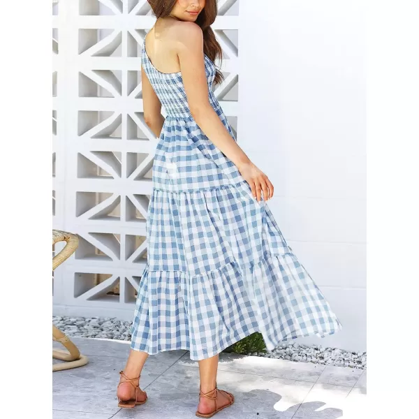 imageANRABESS Womens 2023 Summer Bohemian One Shoulder Sleeveless Smocked Ruffle Tiered Beach Maxi Sun DressPlaid Blue