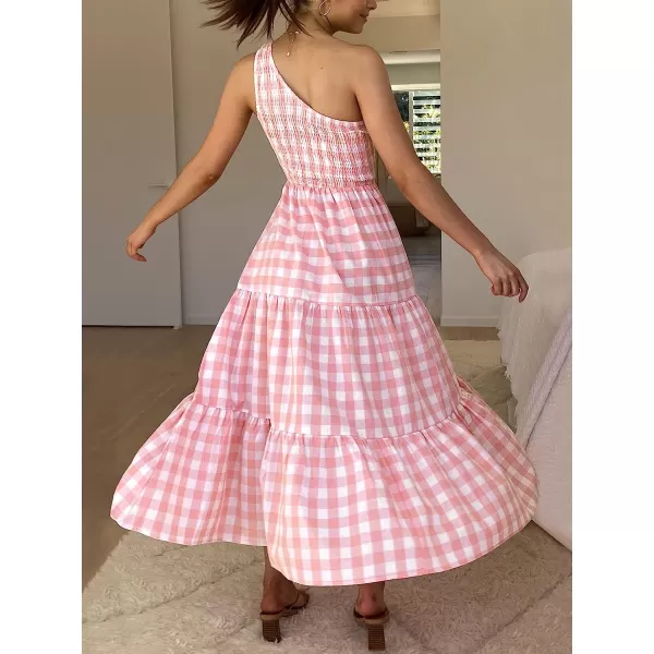 imageANRABESS Womens 2023 Summer Bohemian One Shoulder Sleeveless Smocked Ruffle Tiered Beach Maxi Sun DressPlaid Pink