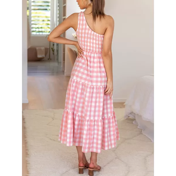 imageANRABESS Womens 2023 Summer Bohemian One Shoulder Sleeveless Smocked Ruffle Tiered Beach Maxi Sun DressPlaid Pink