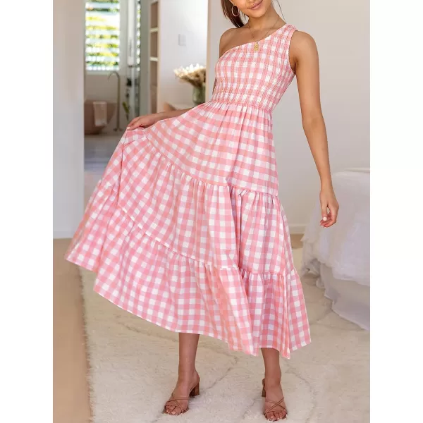 imageANRABESS Womens 2023 Summer Bohemian One Shoulder Sleeveless Smocked Ruffle Tiered Beach Maxi Sun DressPlaid Pink