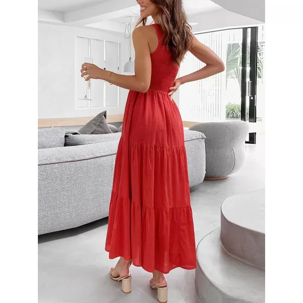 imageANRABESS Womens 2023 Summer Bohemian One Shoulder Sleeveless Smocked Ruffle Tiered Beach Maxi Sun DressRed