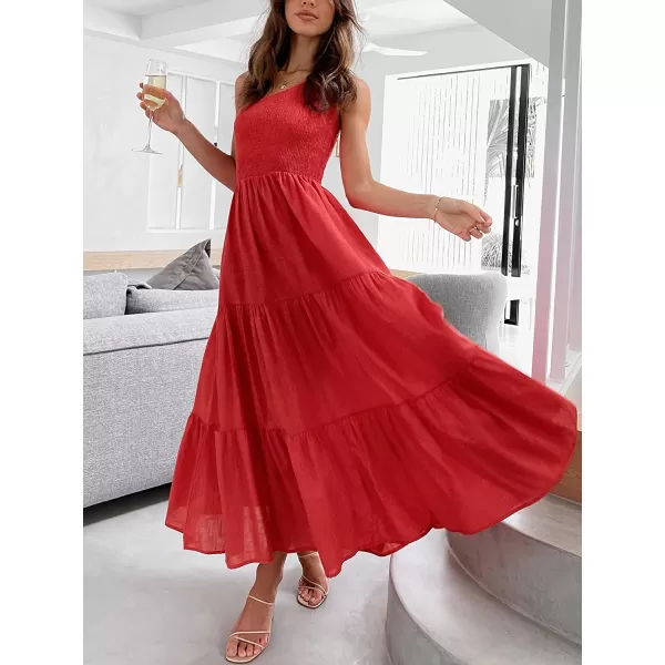 imageANRABESS Womens 2023 Summer Bohemian One Shoulder Sleeveless Smocked Ruffle Tiered Beach Maxi Sun DressRed