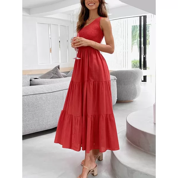 imageANRABESS Womens 2023 Summer Bohemian One Shoulder Sleeveless Smocked Ruffle Tiered Beach Maxi Sun DressRed