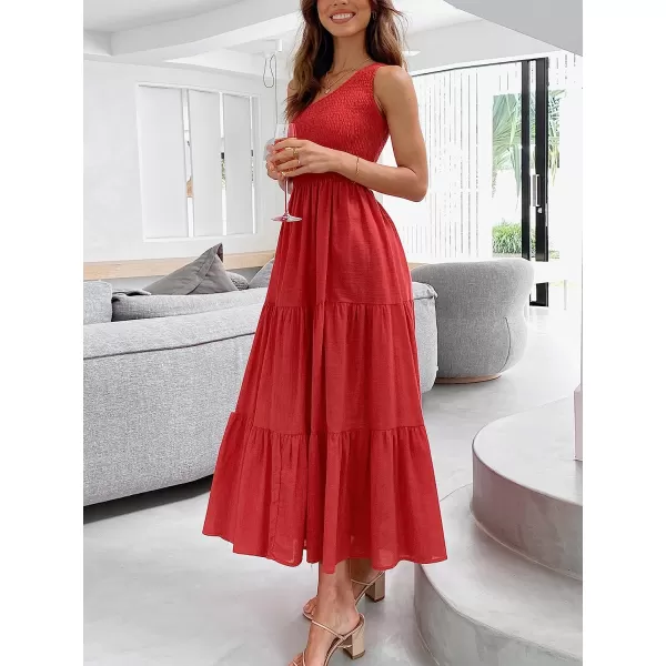 imageANRABESS Womens 2023 Summer Bohemian One Shoulder Sleeveless Smocked Ruffle Tiered Beach Maxi Sun DressRed