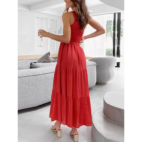 imageANRABESS Womens 2023 Summer Bohemian One Shoulder Sleeveless Smocked Ruffle Tiered Beach Maxi Sun DressRed