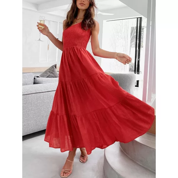 imageANRABESS Womens 2023 Summer Bohemian One Shoulder Sleeveless Smocked Ruffle Tiered Beach Maxi Sun DressRed