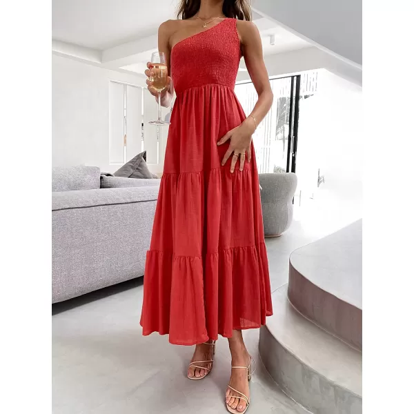 imageANRABESS Womens 2023 Summer Bohemian One Shoulder Sleeveless Smocked Ruffle Tiered Beach Maxi Sun DressRed