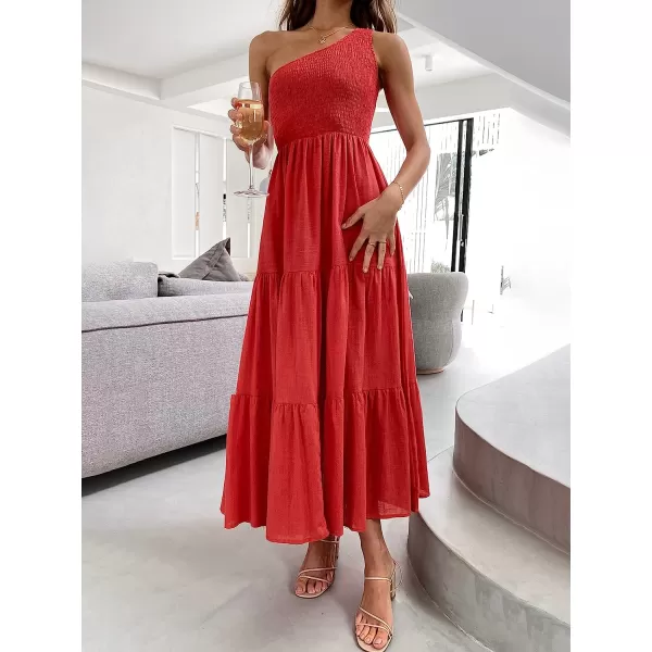 imageANRABESS Womens 2023 Summer Bohemian One Shoulder Sleeveless Smocked Ruffle Tiered Beach Maxi Sun DressRed
