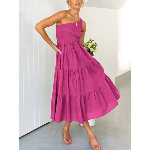imageANRABESS Womens 2023 Summer Bohemian One Shoulder Sleeveless Smocked Ruffle Tiered Beach Maxi Sun DressRose