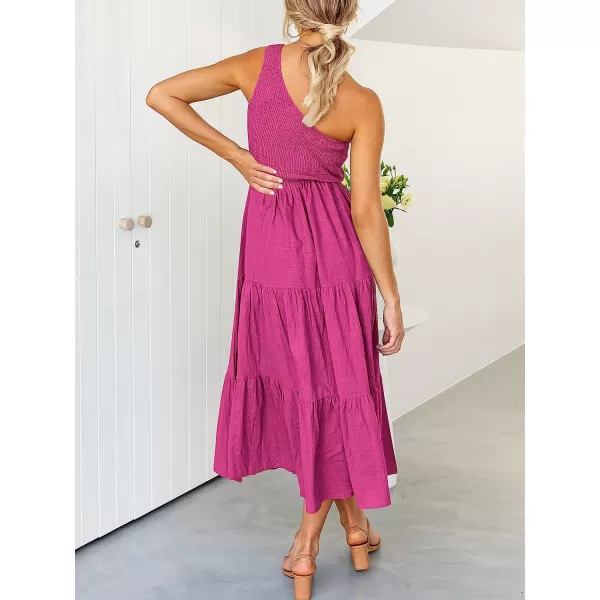 imageANRABESS Womens 2023 Summer Bohemian One Shoulder Sleeveless Smocked Ruffle Tiered Beach Maxi Sun DressRose