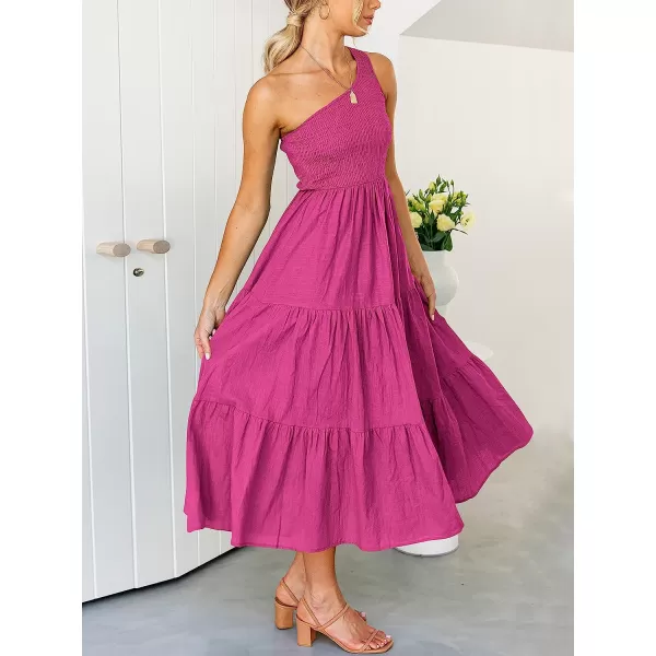 imageANRABESS Womens 2023 Summer Bohemian One Shoulder Sleeveless Smocked Ruffle Tiered Beach Maxi Sun DressRose
