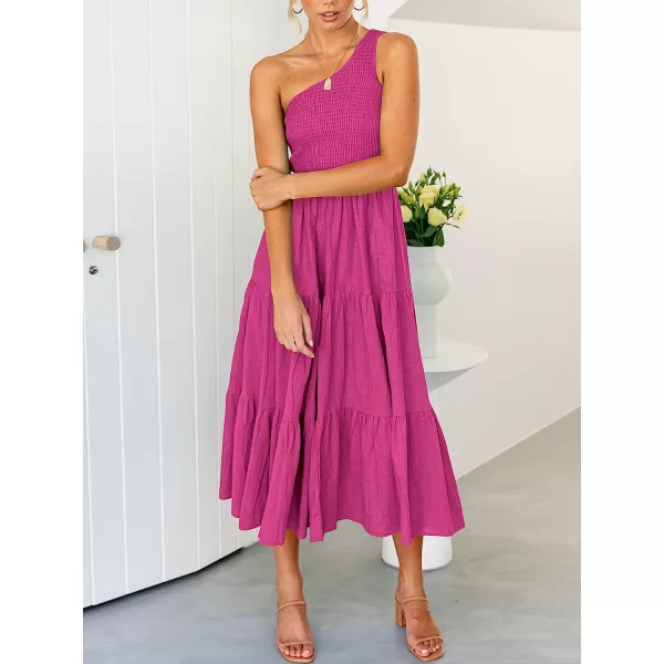 imageANRABESS Womens 2023 Summer Bohemian One Shoulder Sleeveless Smocked Ruffle Tiered Beach Maxi Sun DressRose