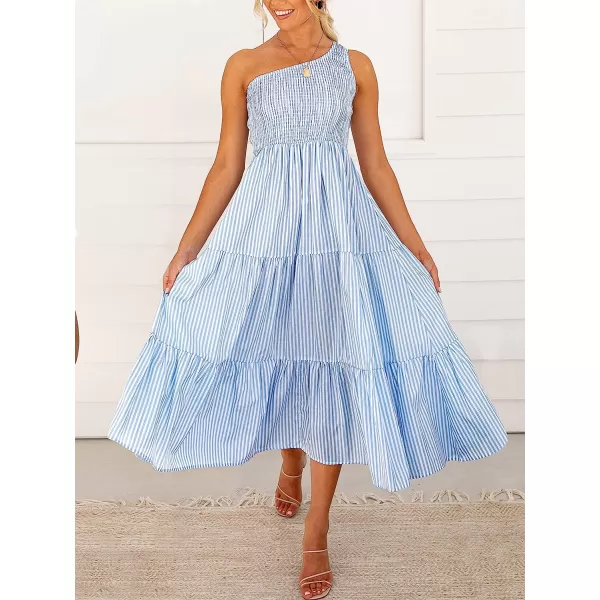 imageANRABESS Womens 2023 Summer Bohemian One Shoulder Sleeveless Smocked Ruffle Tiered Beach Maxi Sun DressStripe Blue