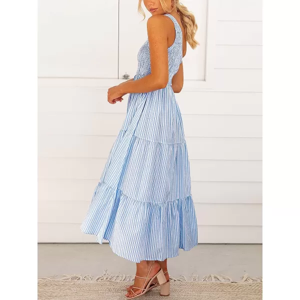 imageANRABESS Womens 2023 Summer Bohemian One Shoulder Sleeveless Smocked Ruffle Tiered Beach Maxi Sun DressStripe Blue