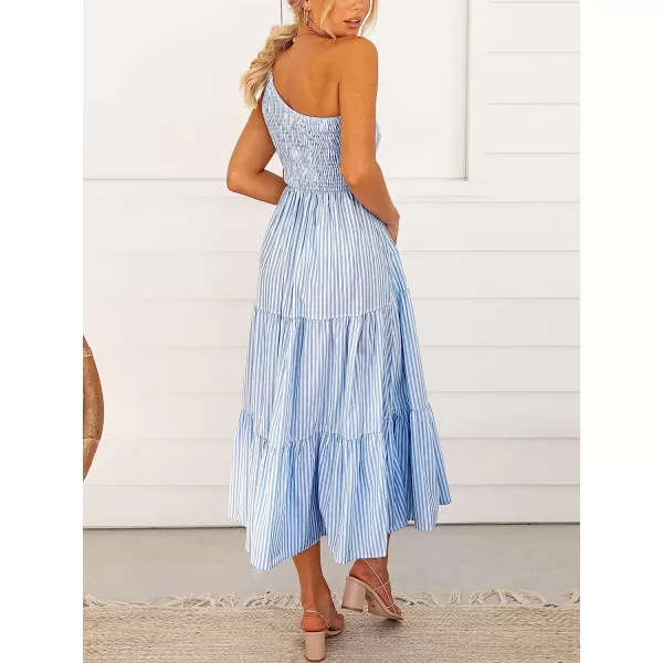 imageANRABESS Womens 2023 Summer Bohemian One Shoulder Sleeveless Smocked Ruffle Tiered Beach Maxi Sun DressStripe Blue
